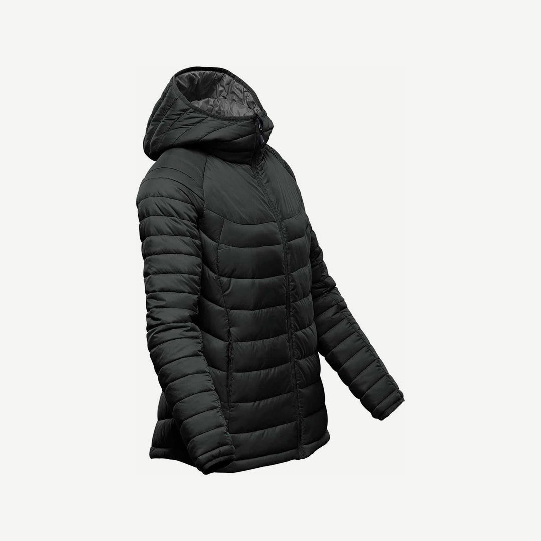 Stormtech Women's Stavanger Thermal Puffer Jacket in Black/Graphite Side Hood Detail - AFP-2W
