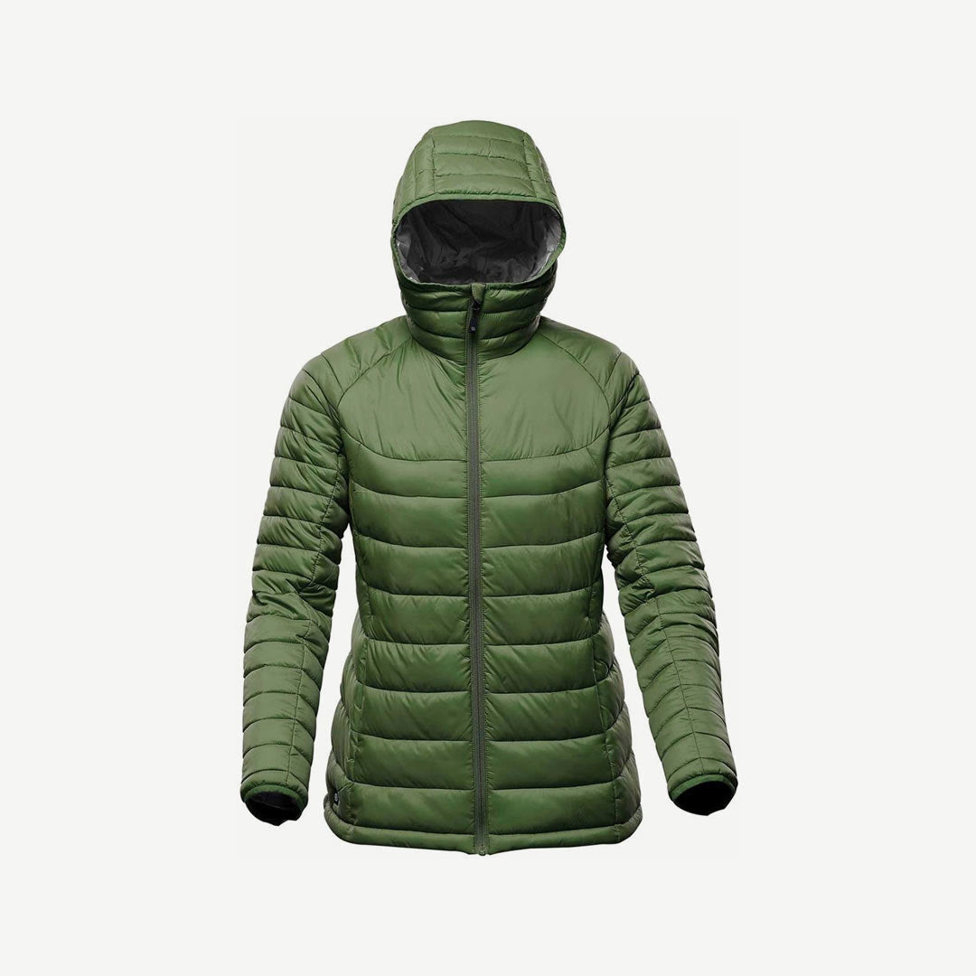 Stormtech Women's Stavanger Thermal Puffer Jacket in Garden Green/Graphite Hood Detail - AFP-2W