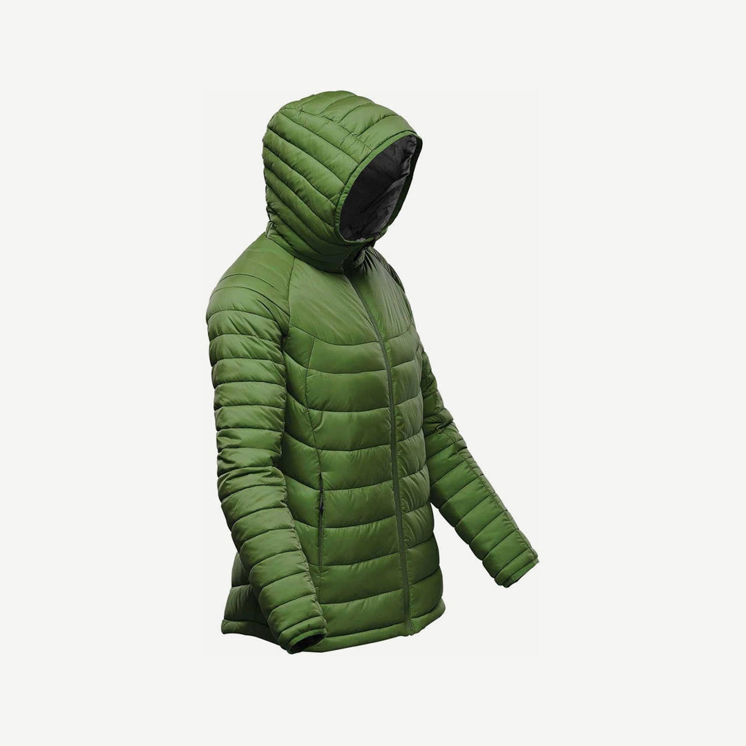 Stormtech Women's Stavanger Thermal Puffer Jacket in Garden Green/Graphite Hood Side Detail - AFP-2W