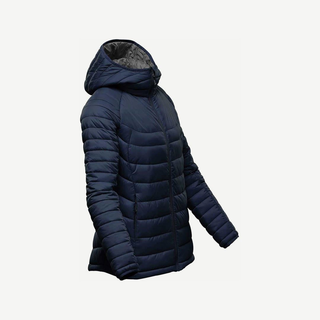 Stormtech Women's Stavanger Thermal Puffer Jacket in Garden Navy/Graphite Angle - AFP-2W