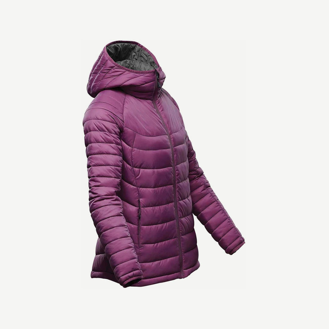 Stormtech Women's Stavanger Thermal Puffer Jacket in Rose/Graphite Side Hood Detail - AFP-2W