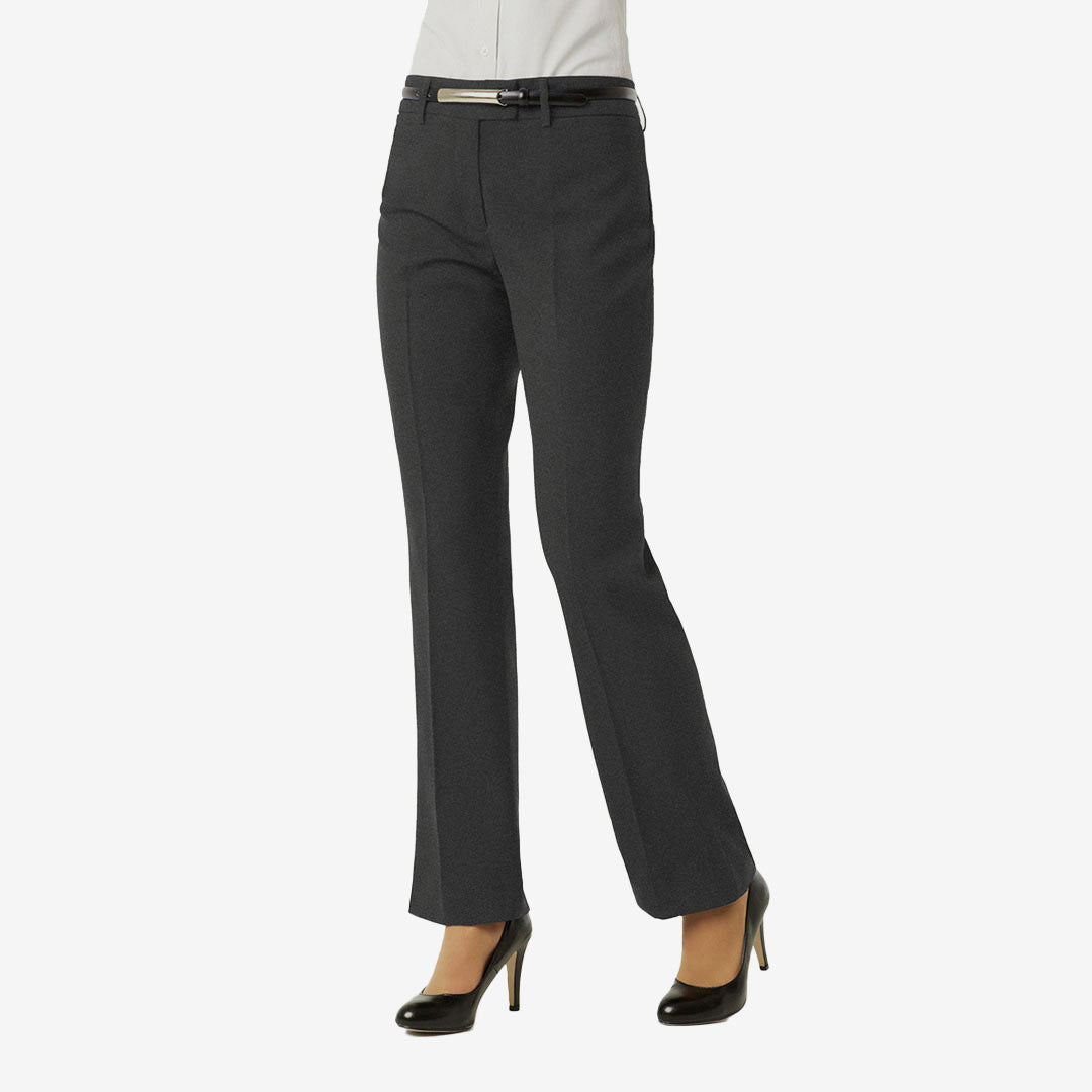 Model Wearing Biz Collection Ladies Classic Flat Front Pant in Charcoal - BS29320