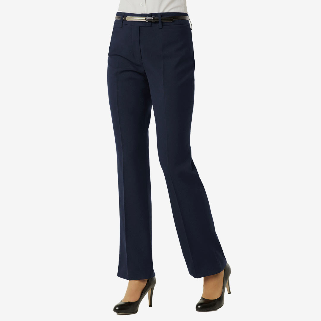 Model Wearing Biz Collection Ladies Classic Flat Front Pant in Navy - BS29320
