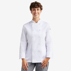 Woman wearing Biz Collection Women’s Al Dente Chef Jacket in White - CH230LL