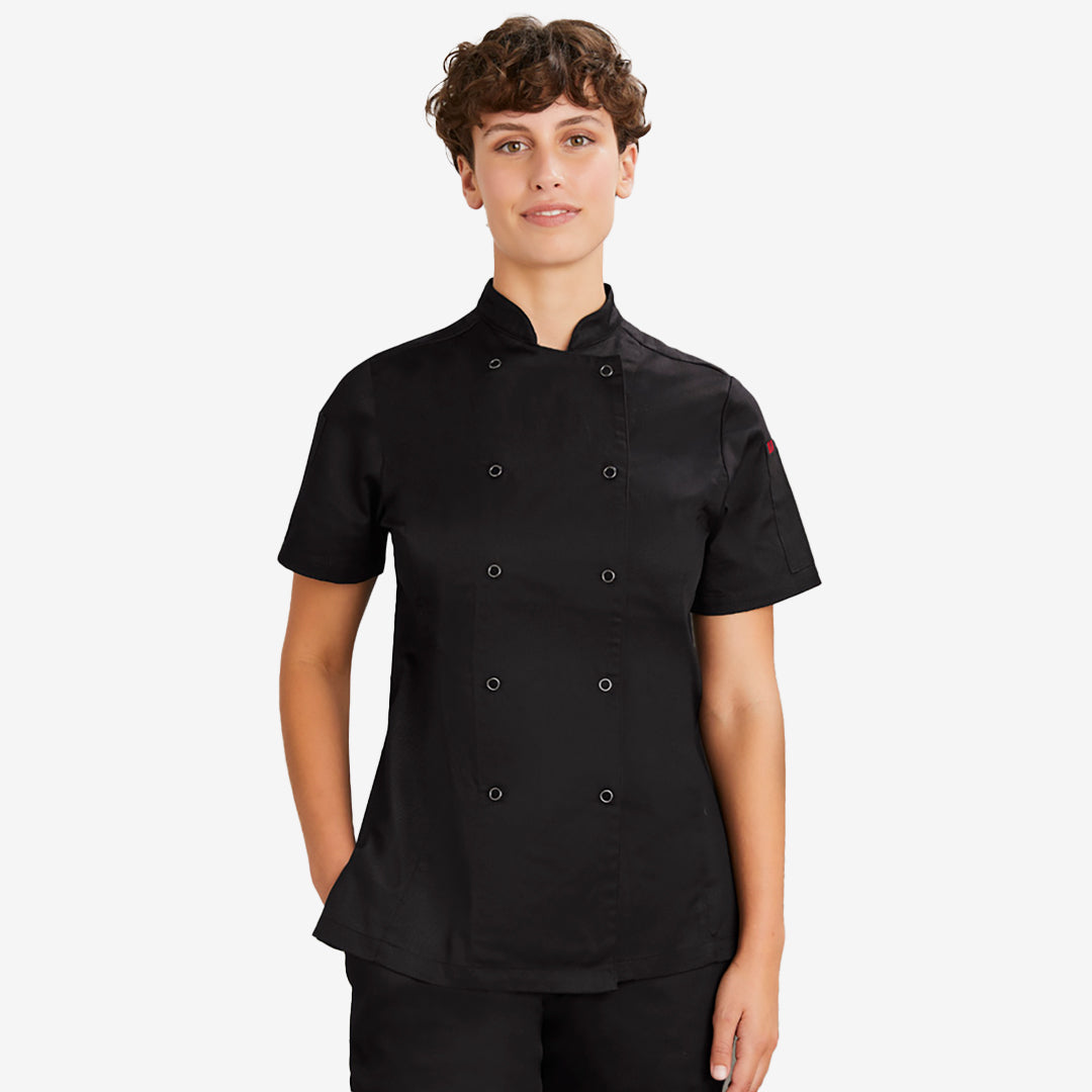 Woman wearing Biz Collection Women’s Zest Chef Jacket in Black - CH232LS