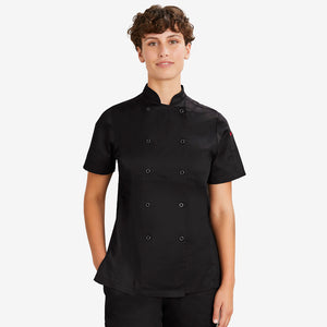 Woman wearing Biz Collection Women’s Zest Chef Jacket in Black - CH232LS