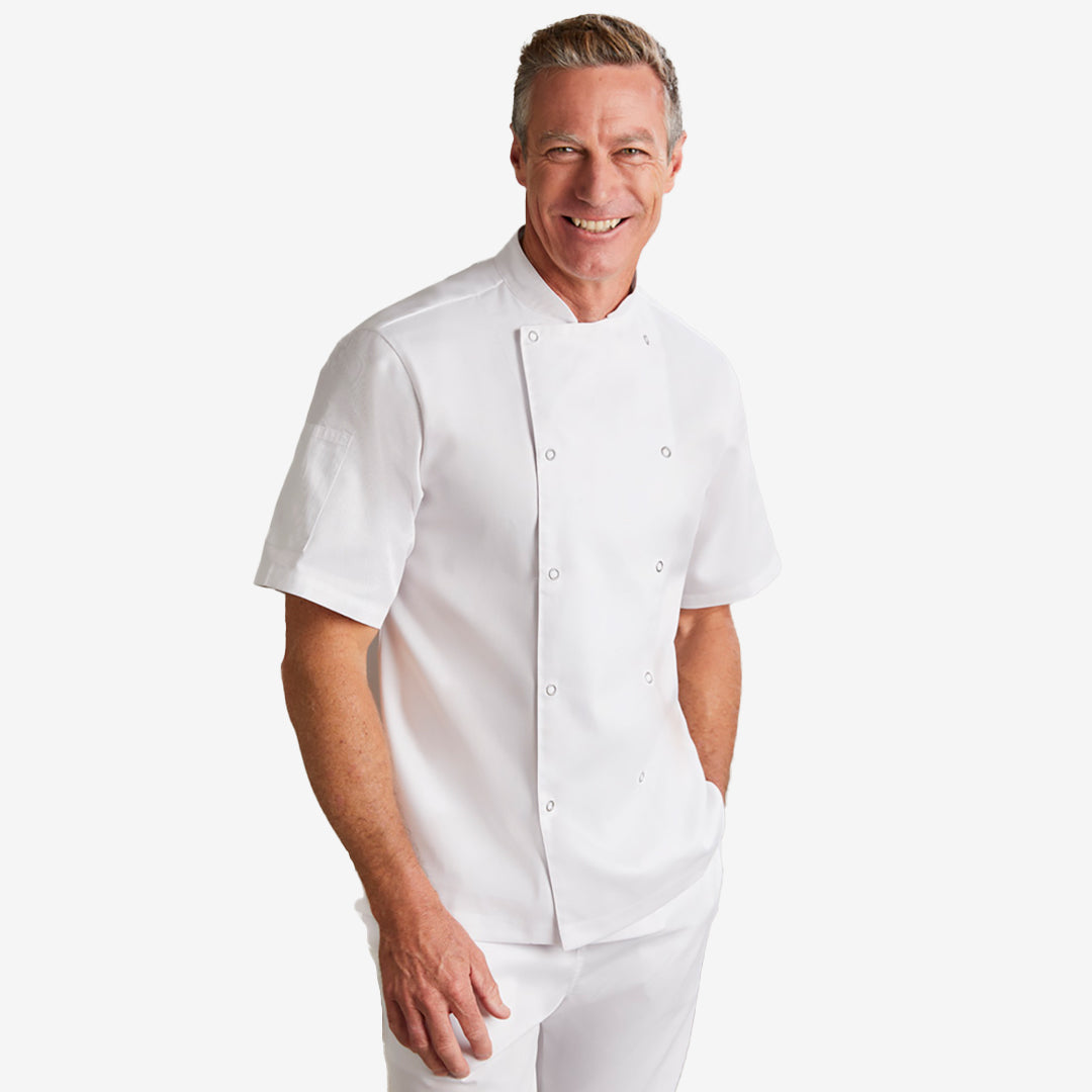 Man wearing Biz Collection Men’s Zest SS Chef Jacket in White - CH232MS