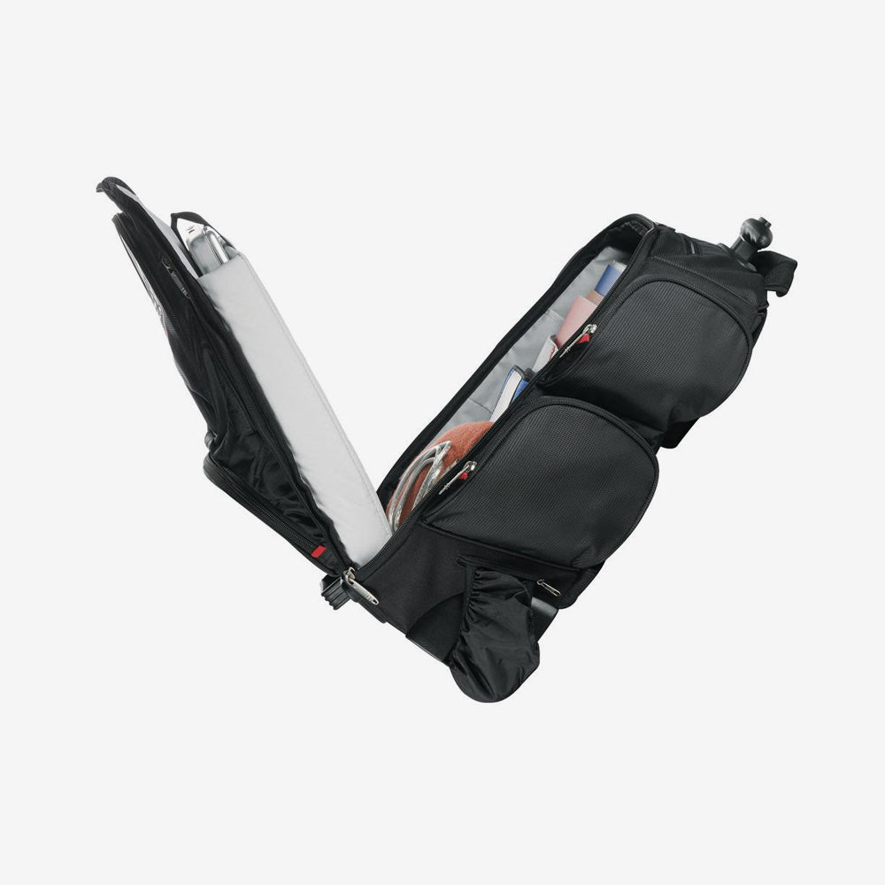 Nottage Elleven Wheeled Compu-Backpack in Black Open Detail Featuring Laptop Compartment - EL002