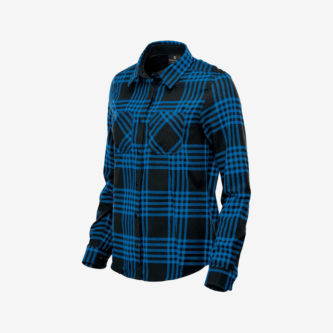 Stormtech Women's Santa Fe Flannel LS Shirt in Personalized Blue/Black Left Angle - FTX-1W
