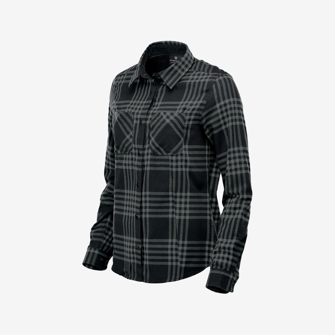 Stormtech Women's Santa Fe Flannel LS Shirt in Personalized Carbon/Black Left Angle - FTX-1W