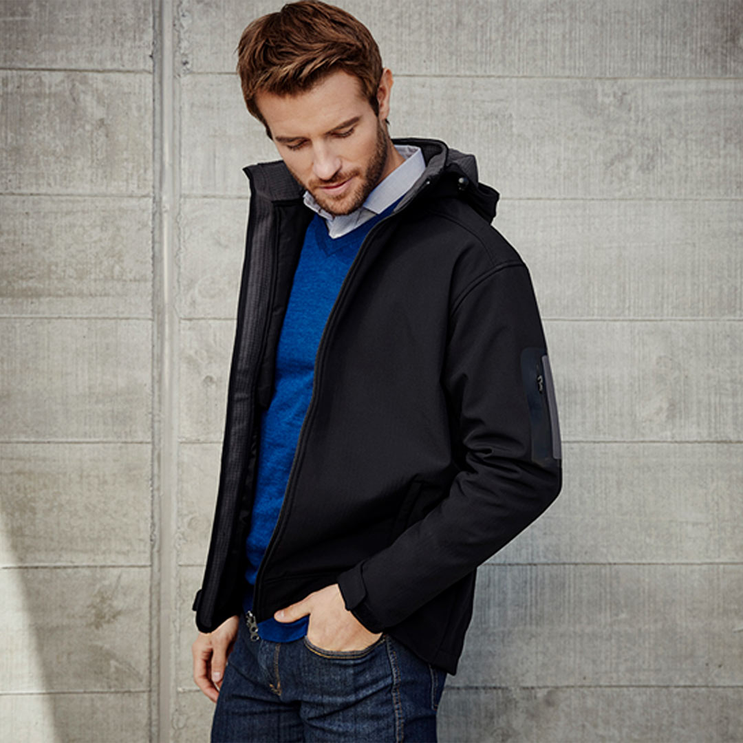 Man wearing Biz Collection Men's Summit Jacket in Black/Graphite Detail - J10910