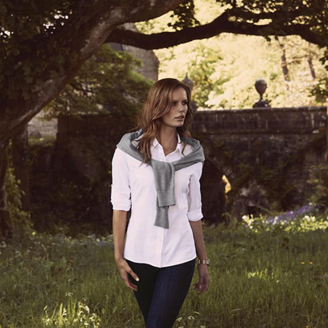 Woman wearing James Harvest Redding Women's Blouse in White - JH302W