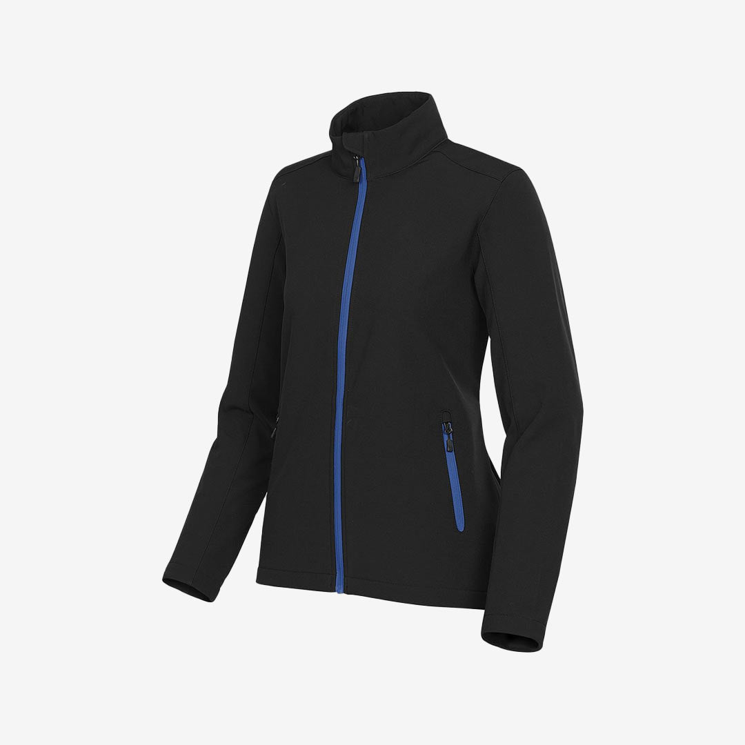 Stormtech Women's Orbiter Softshell Jacket Black/Azure Blue Left Angle Detail - KSB-1W