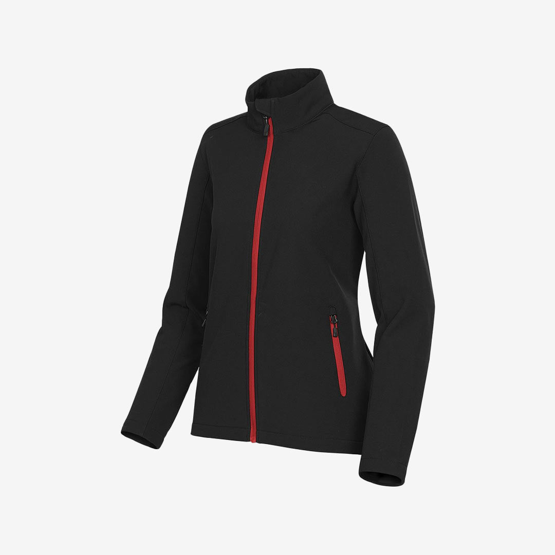 Stormtech Women's Orbiter Softshell Jacket Black/Bright Red Left Angle Detail - KSB-1W