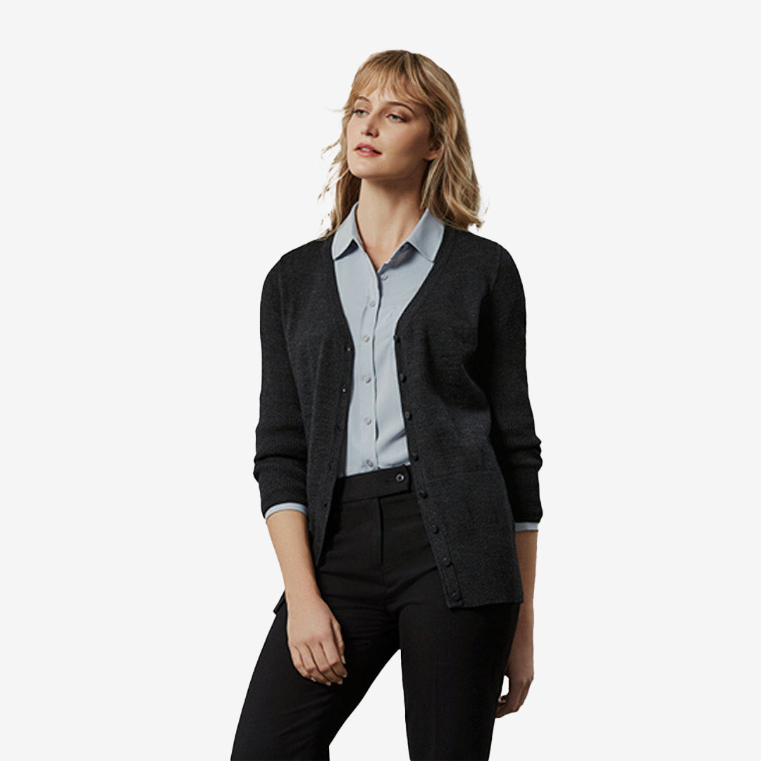 Woman wearing Biz Collection Ladies Milano Charcoal Cardigan - LC417L