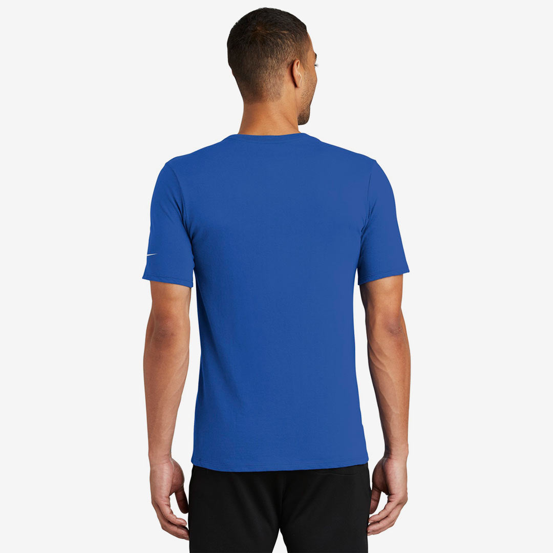 Man wearing Nike Men's Dri-FIT Cotton/Poly Tee in Rush Blue Back - NKBQ5231