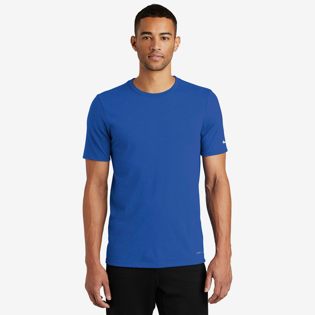 Man wearing Nike Men's Dri-FIT Cotton/Poly Tee in Rush Blue Front - NKBQ5231