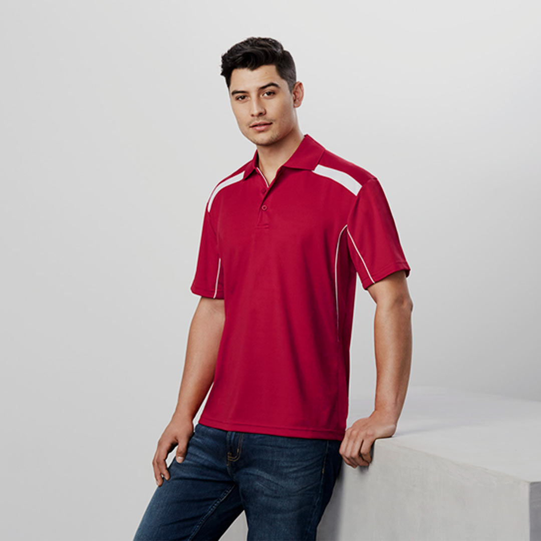 Man wearing Biz Collection Men's United Short Sleeve Polo in Red/White Front - P244MS