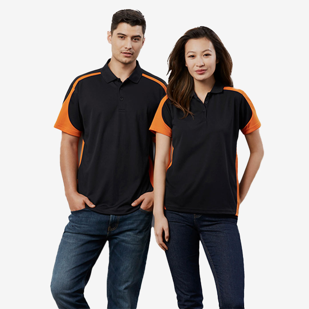 Man and woman wearing Biz Collection Men's Talon Polo in Black/Orange - P401MS 
