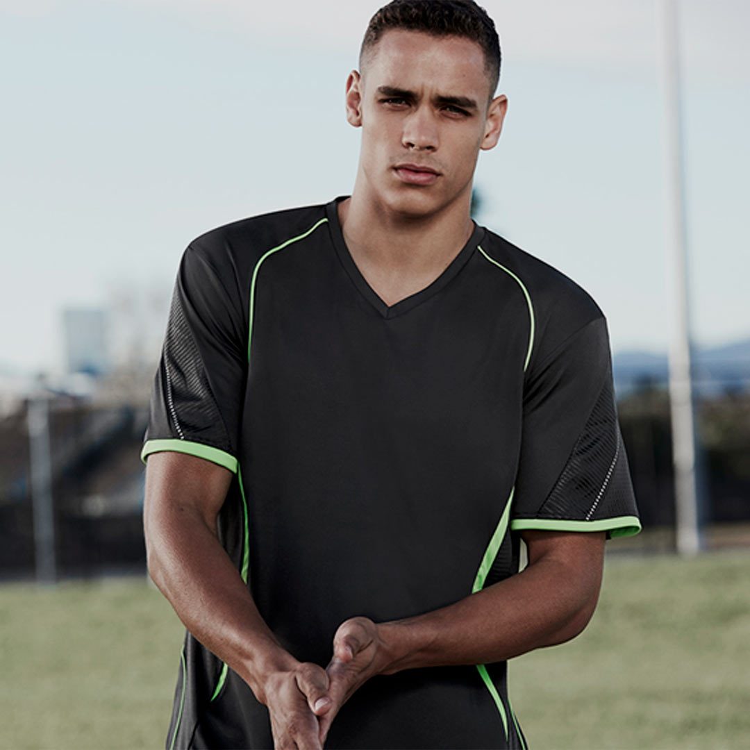 Man wearing Biz Collection Men's Razor Tee in Grey/Fluoro Lime Front - T406MS