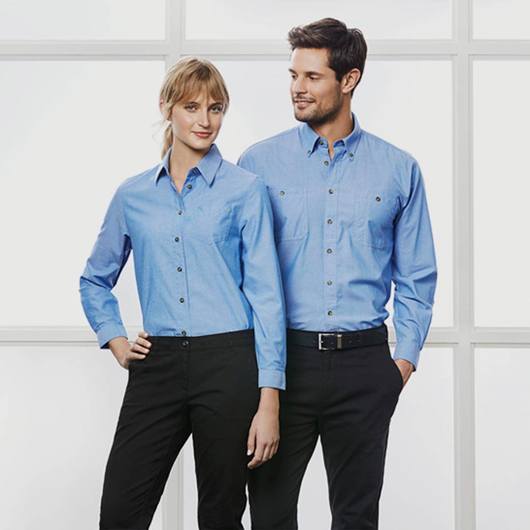 Shop Quality Personalised Biz Collection Men's Wrinkle Free Chambray LS Shirt in Chambray Detail - SH112