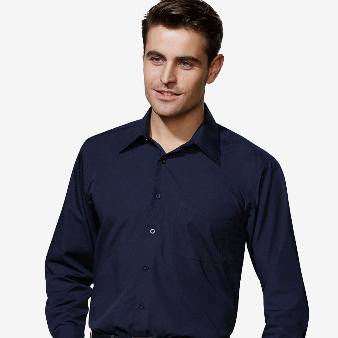 Man wearing Biz Collection Men's Metro LS Shirt in Navy Front - SH714
