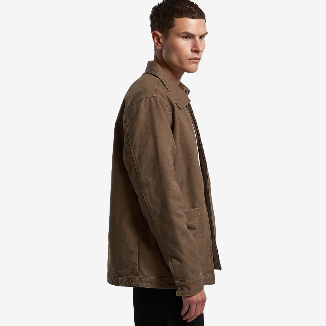 Man wearing AS Colour Men's Canvas Heavy Jacket in Walnut Side Angle  - 5527