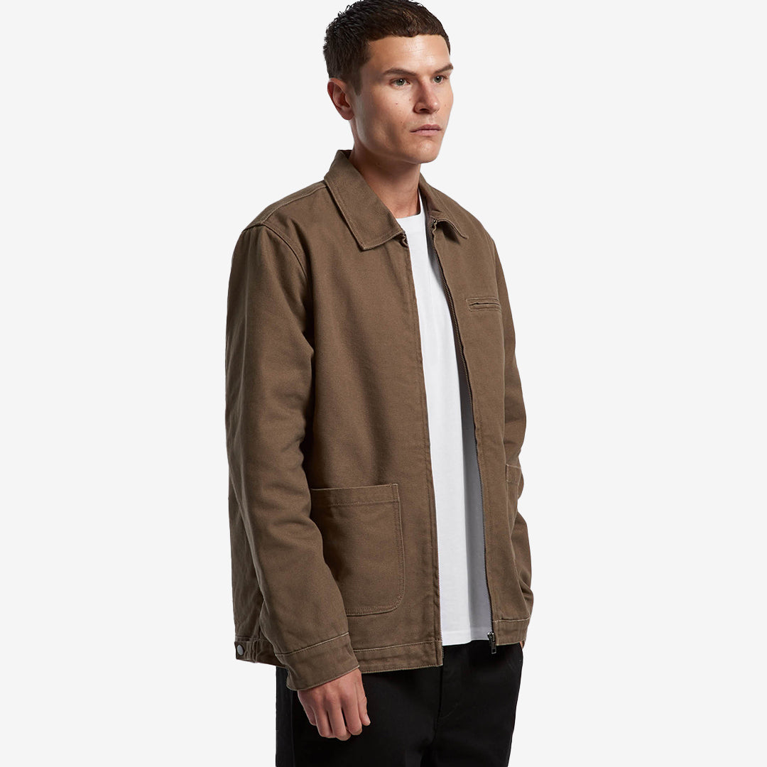 Man wearing AS Colour Men's Canvas Heavy Jacket in Walnut Angle  - 5527