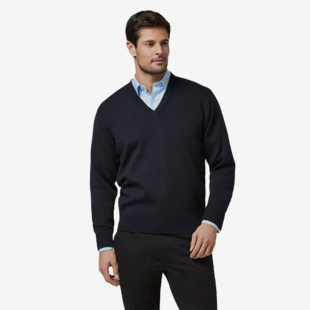 Man wearing Biz Collection Men's Woolmix Pullover in Navy Front - WP6008